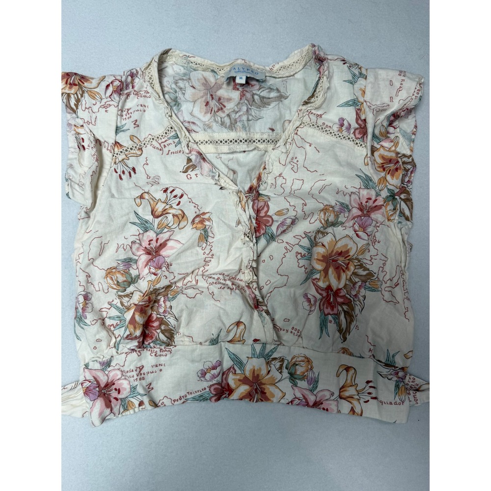 Calypso St Barth Floral Linen Wrap Top XL Cream Tropical Short Sleeve Blouse